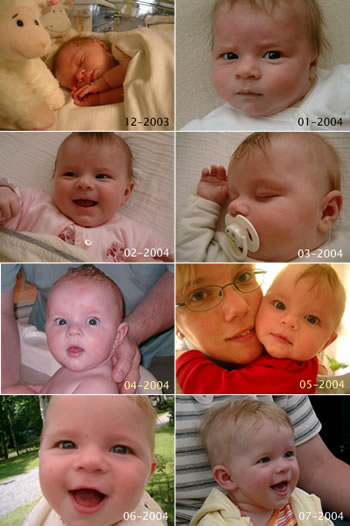 Compilatiefoto van elke maand een foto van Meike - 7 maanden